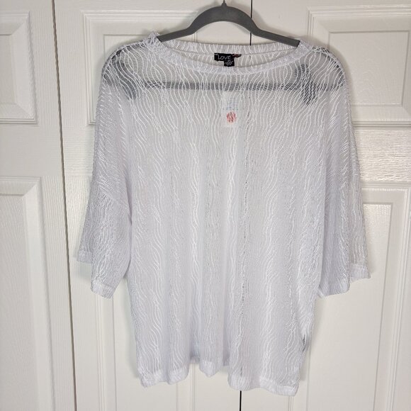 Love Plus Size 2X White Sheer Mesh Blouse | Lightweight Textured Wavy Top | Boho - Picture 1 of 3